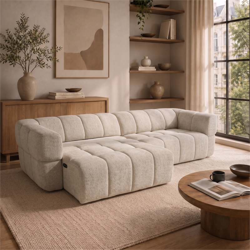 Stamford Power Slider Comfort Modern Sofa with Durable Wood Frame & Soft Chenille Fabric in Light Brown