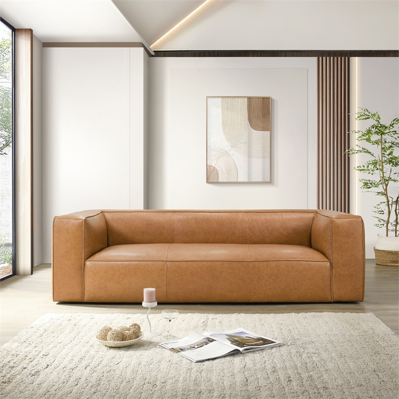 Pattison Mid-Century Modern Rectangular Genuine Leather Sofa with Tight Back in Tan