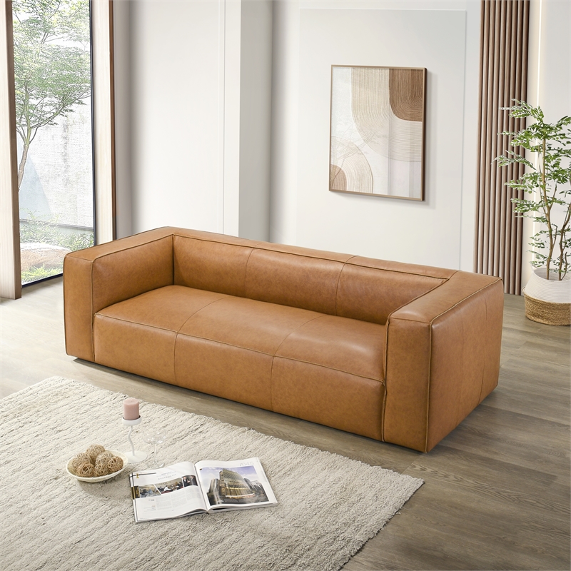 Pattison Mid-Century Modern Rectangular Genuine Leather Sofa with Tight Back in Tan
