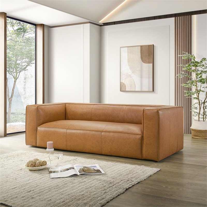 Pattison Mid-Century Modern Rectangular Genuine Leather Sofa with Tight Back in Tan