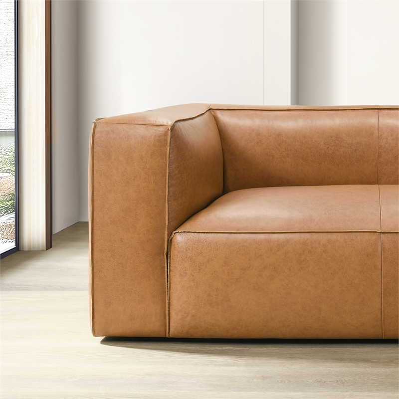 Pattison Mid-Century Modern Rectangular Genuine Leather Sofa with Tight Back in Tan