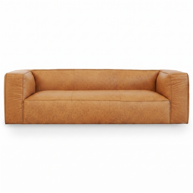 Pattison Mid-Century Modern Rectangular Genuine Leather Sofa with Tight Back in Tan