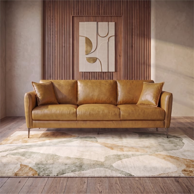 Cartersville Top-Grain Leather Mid-Century Modern 3-Seater Sofa with Sturdy Frame in Tan
