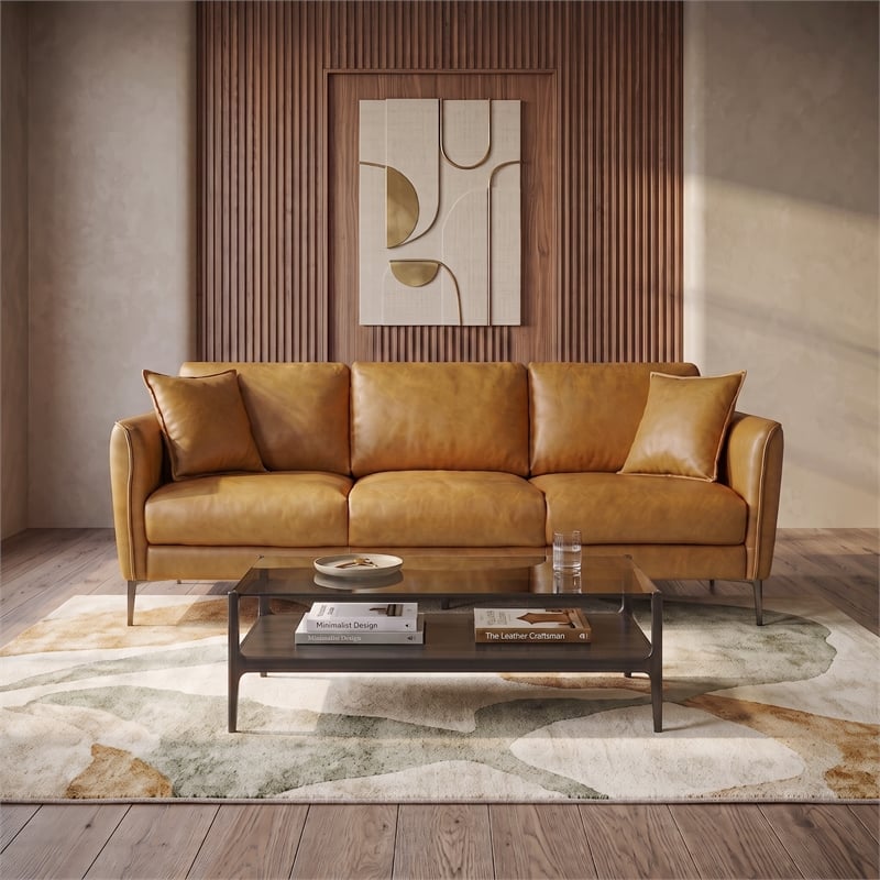 Cartersville Top-Grain Leather Mid-Century Modern 3-Seater Sofa with Sturdy Frame in Tan