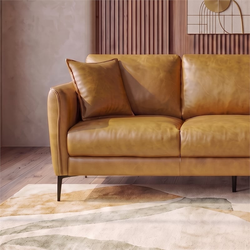Cartersville Top-Grain Leather Mid-Century Modern 3-Seater Sofa with Sturdy Frame in Tan
