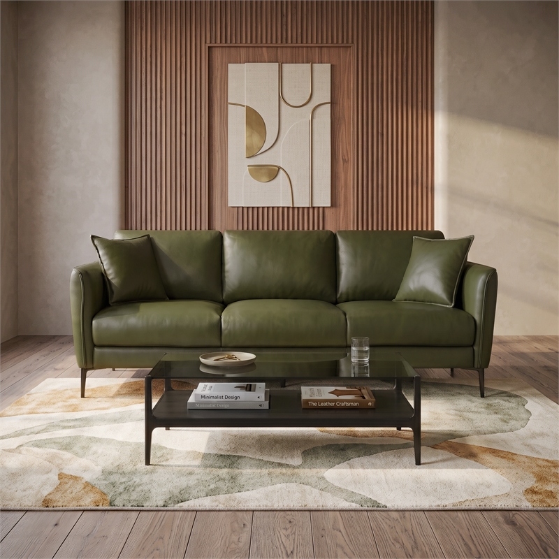 Cartersville Top-Grain Leather Mid-Century Modern 3-Seater Sofa with Sturdy Frame in Green
