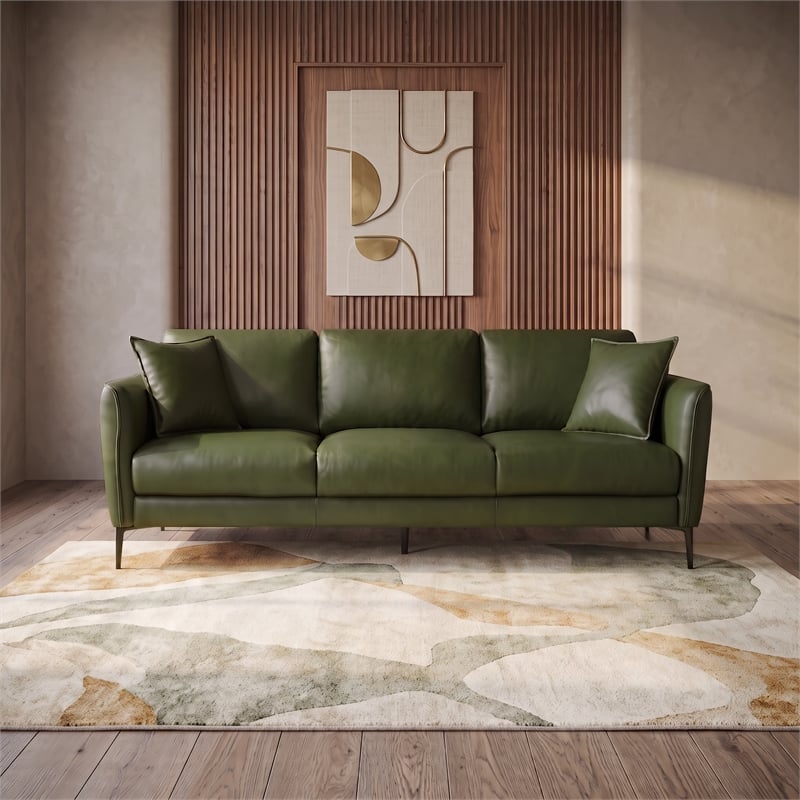 Cartersville Top-Grain Leather Mid-Century Modern 3-Seater Sofa with Sturdy Frame in Green