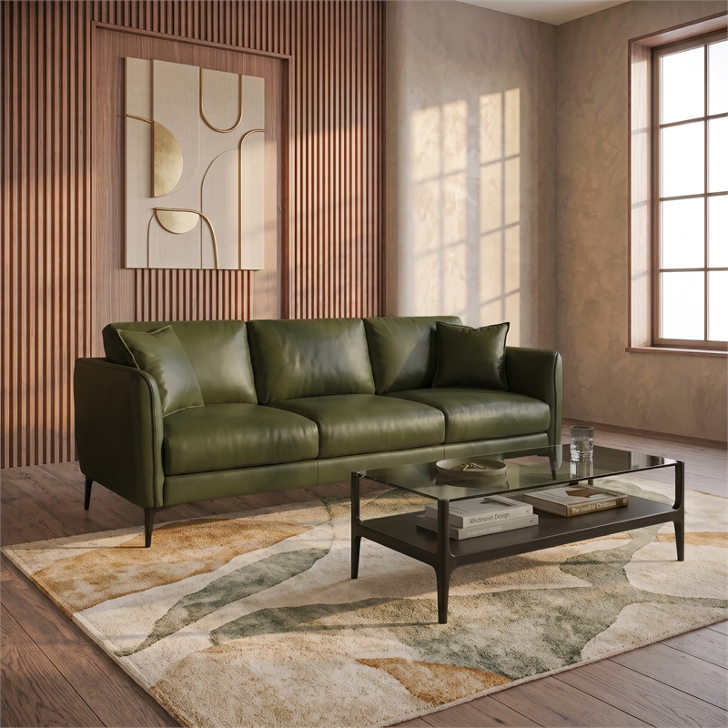 Cartersville Top-Grain Leather Mid-Century Modern 3-Seater Sofa with Sturdy Frame in Green