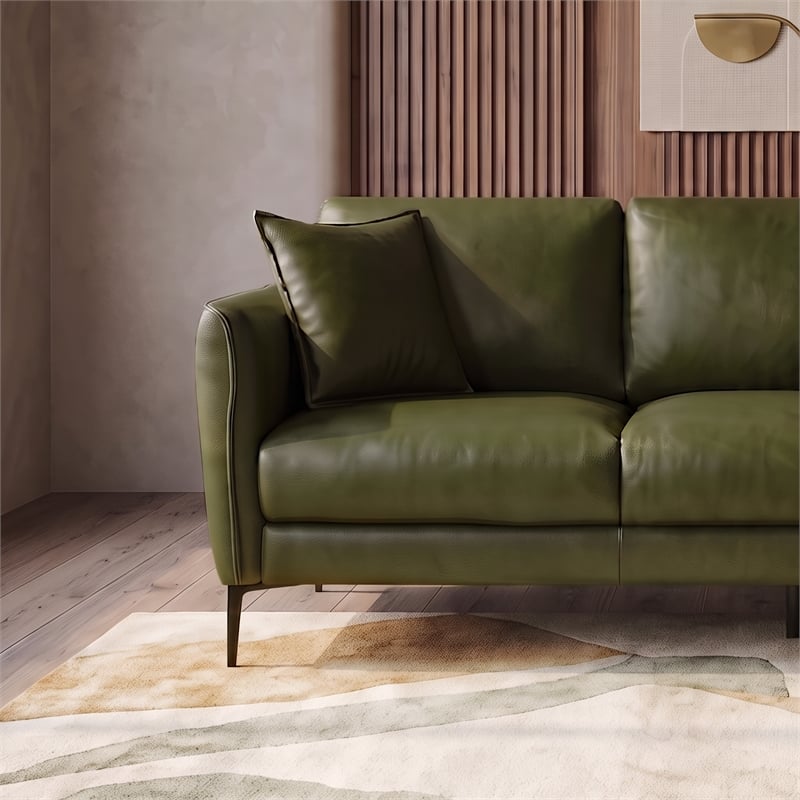 Cartersville Top-Grain Leather Mid-Century Modern 3-Seater Sofa with Sturdy Frame in Green