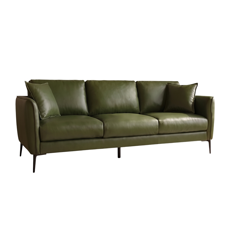 Cartersville Top-Grain Leather Mid-Century Modern 3-Seater Sofa with Sturdy Frame in Green