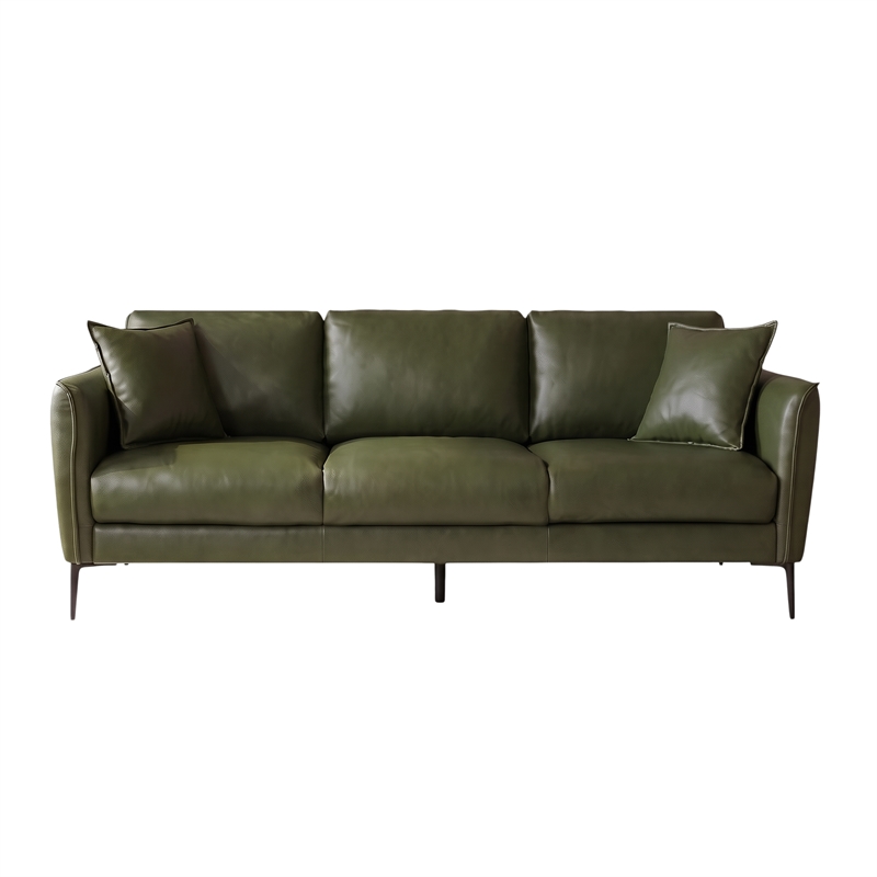 Cartersville Top-Grain Leather Mid-Century Modern 3-Seater Sofa with Sturdy Frame in Green