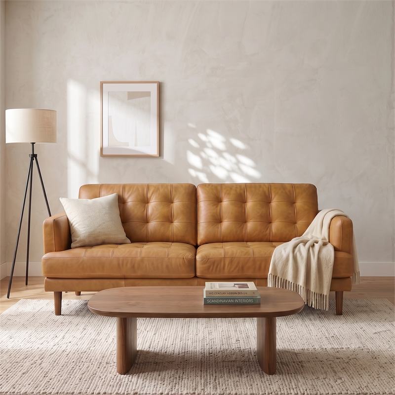 Coatesville 3-Seater Mid-Century Top-Grain Leather Sofa with Solid Wood Legs in Tan