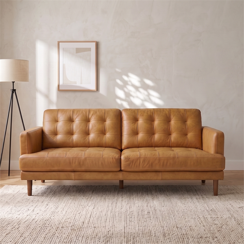 Coatesville 3-Seater Mid-Century Top-Grain Leather Sofa with Solid Wood Legs in Tan