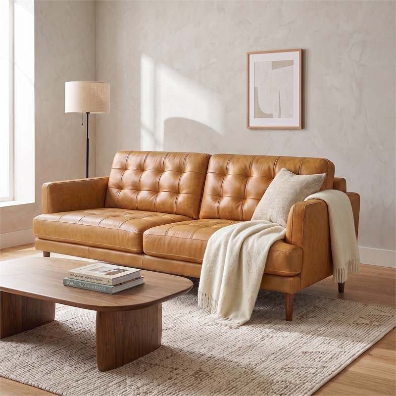 Coatesville 3-Seater Mid-Century Top-Grain Leather Sofa with Solid Wood Legs in Tan