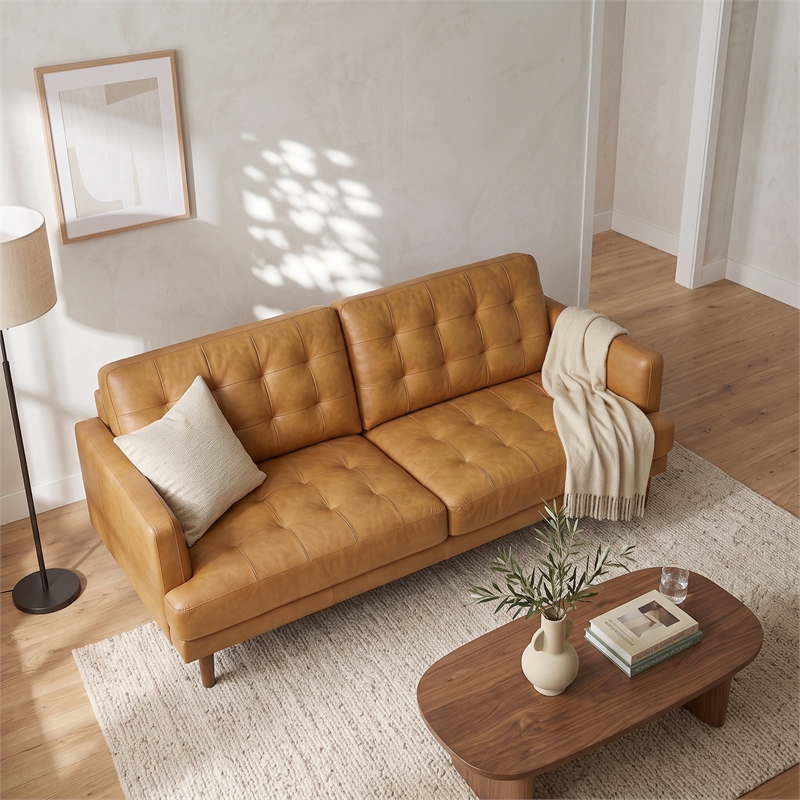 Coatesville 3-Seater Mid-Century Top-Grain Leather Sofa with Solid Wood Legs in Tan