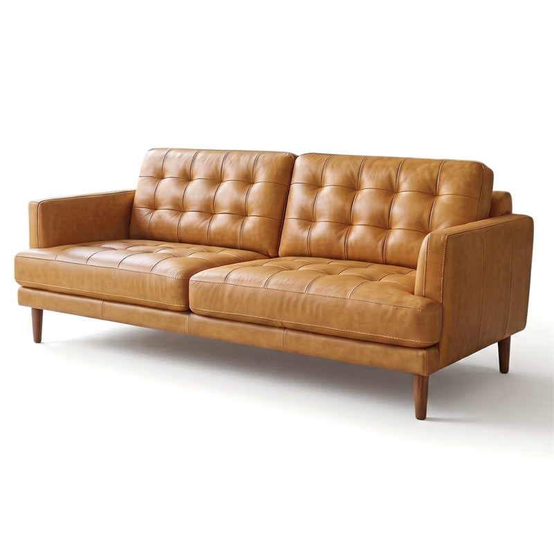 Coatesville 3-Seater Mid-Century Top-Grain Leather Sofa with Solid Wood Legs in Tan