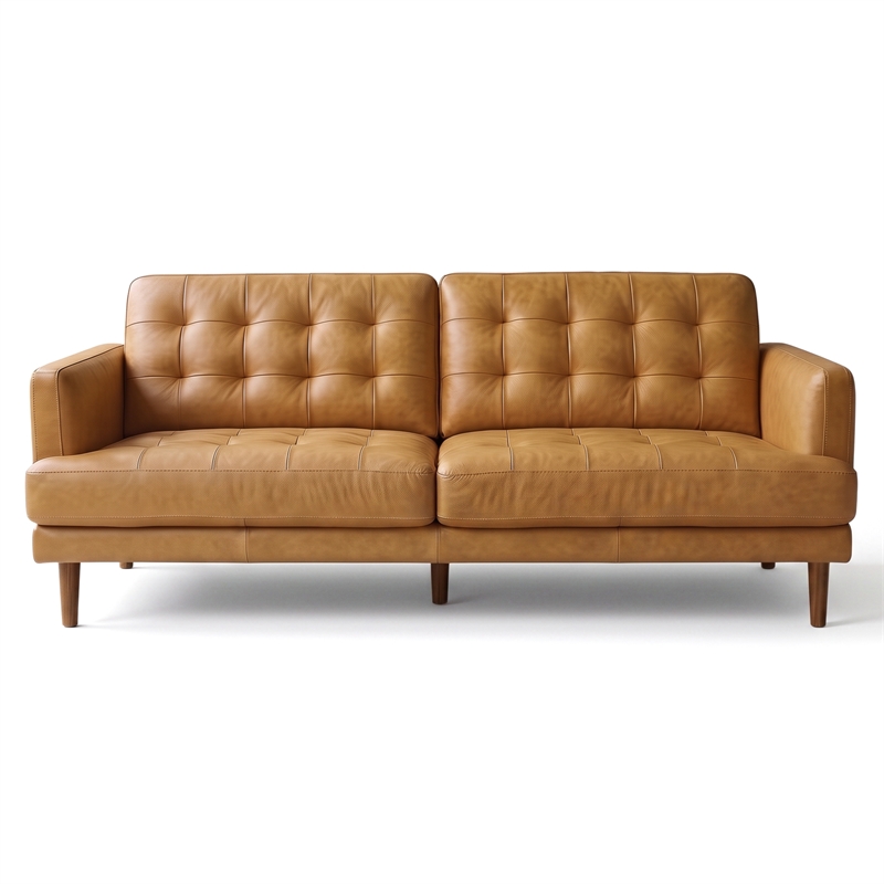 Coatesville 3-Seater Mid-Century Top-Grain Leather Sofa with Solid Wood Legs in Tan