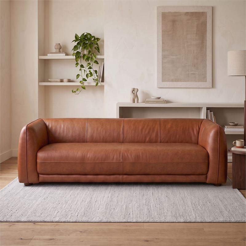 Oklahoma Mid-Century Modern 3-Seater Top-Grain Leather Sofa with Ergonomic Back in Brown