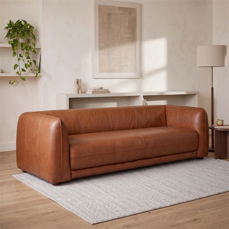 Oklahoma Mid-Century Modern 3-Seater Top-Grain Leather Sofa with Ergonomic Back in Brown