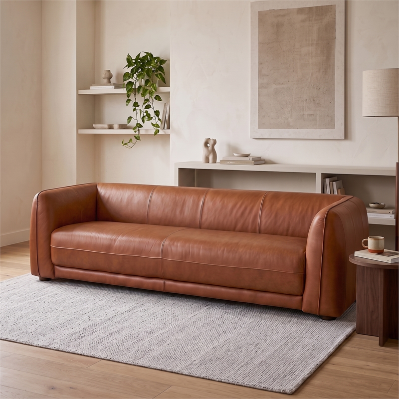 Oklahoma Mid-Century Modern 3-Seater Top-Grain Leather Sofa with Ergonomic Back in Brown