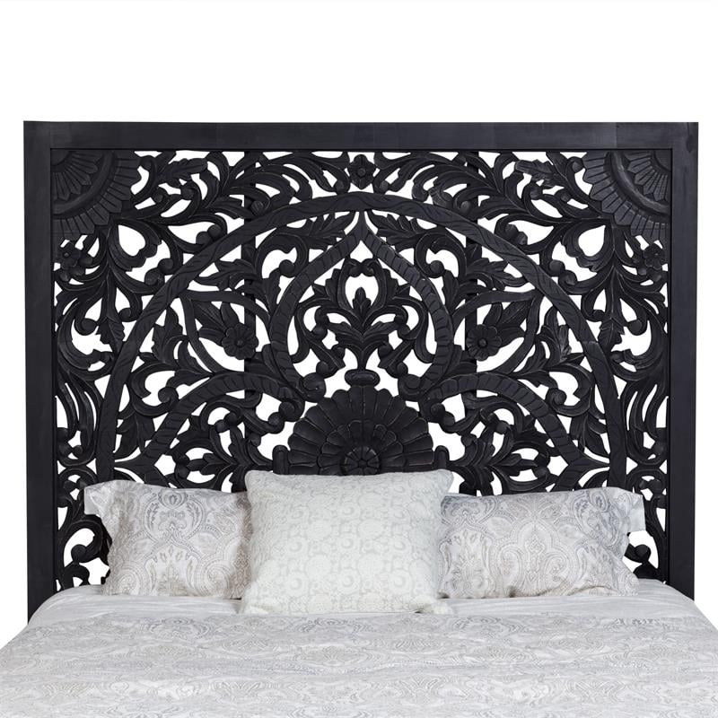 Bali Hand Carved Floral Queen Bed - Black