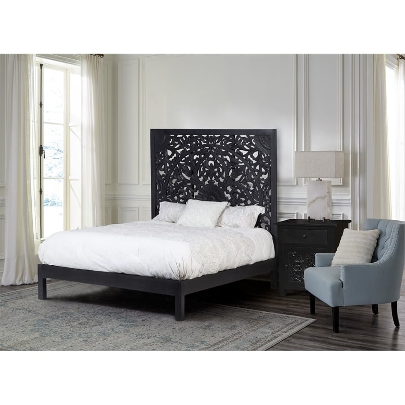 Bali Hand Carved Floral Queen Bed - Black