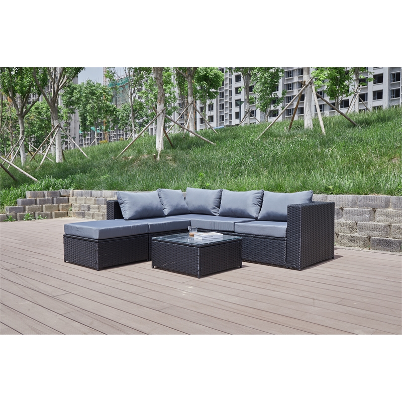 Kingway Furniture Venor Grey Wicker/Rattan Sectional with Glass top Coffee table