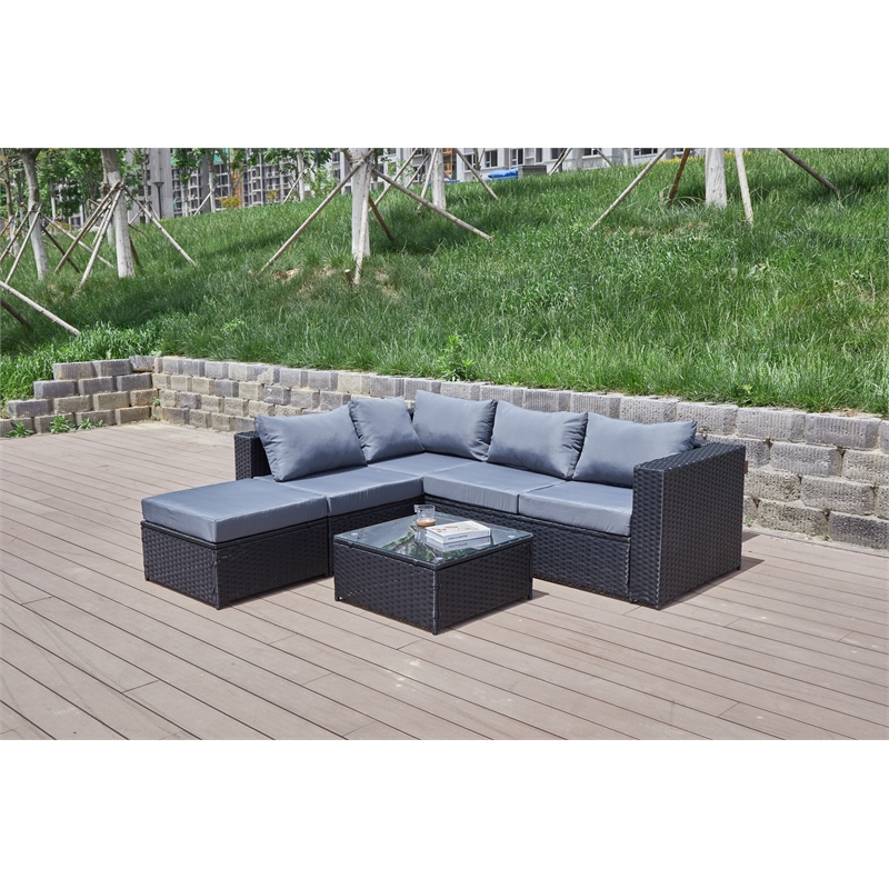 Kingway Furniture Venor Grey Wicker/Rattan Sectional with Glass top Coffee table