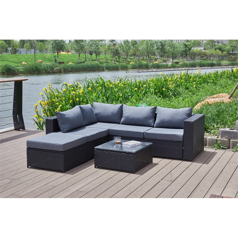 Kingway Furniture Venor Grey Wicker/Rattan Sectional with Glass top Coffee table