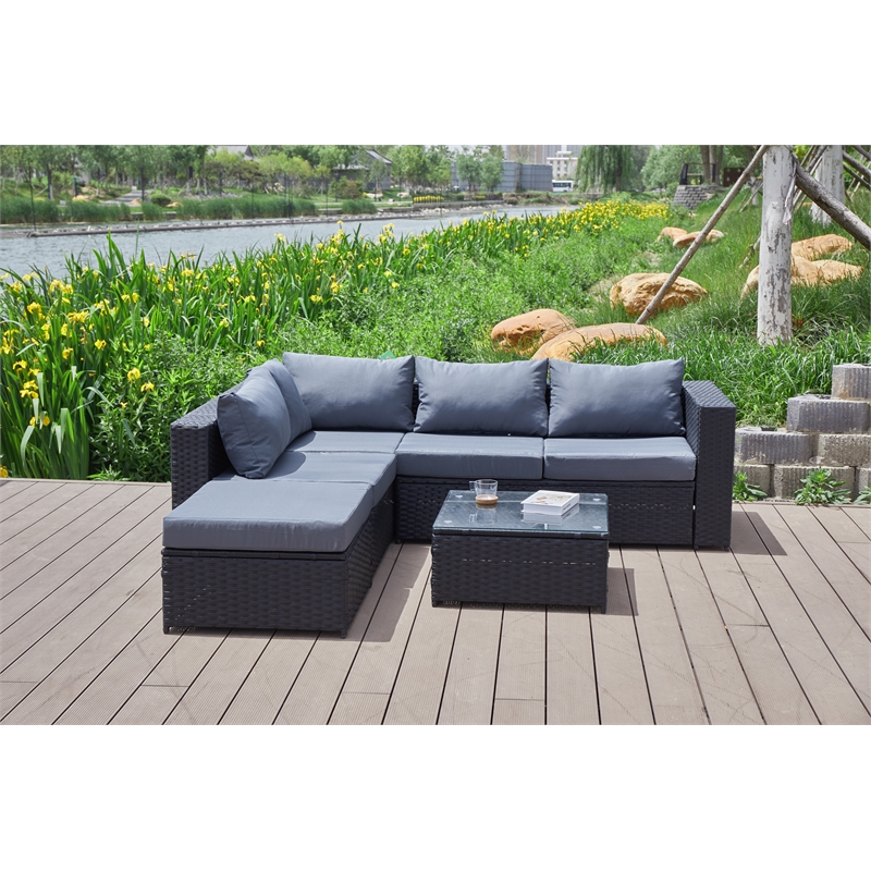 Kingway Furniture Venor Grey Wicker/Rattan Sectional with Glass top Coffee table