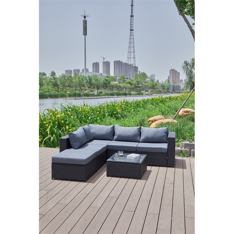 Kingway Furniture Venor Grey Wicker/Rattan Sectional with Glass top Coffee table