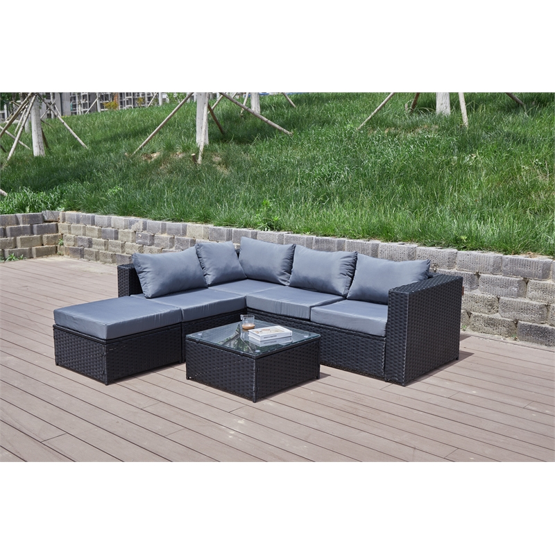 Kingway Furniture Venor Grey Wicker/Rattan Sectional with Glass top Coffee table