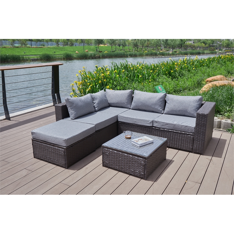 Kingway Furniture Venor Grey Wicker/Rattan Sectional with Glass top Coffee table