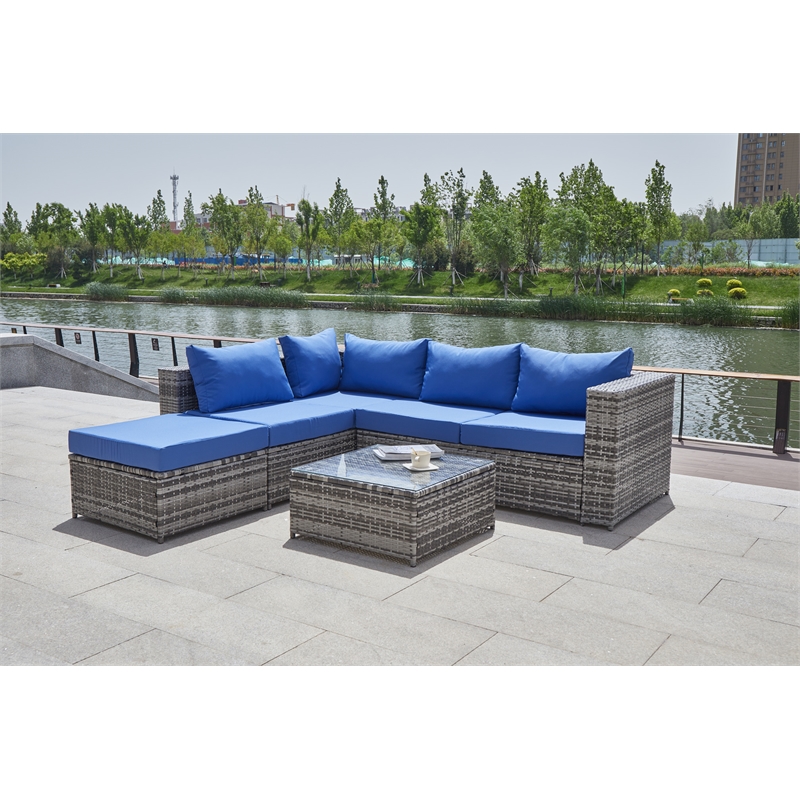 Kingway Furniture Venor Blue Wicker/Rattan Sectional with Glass top Coffee table