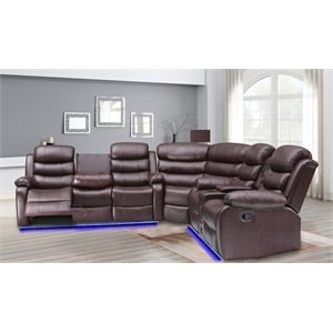 Donivi LED Faux Leather Reclining Sectional in Brown