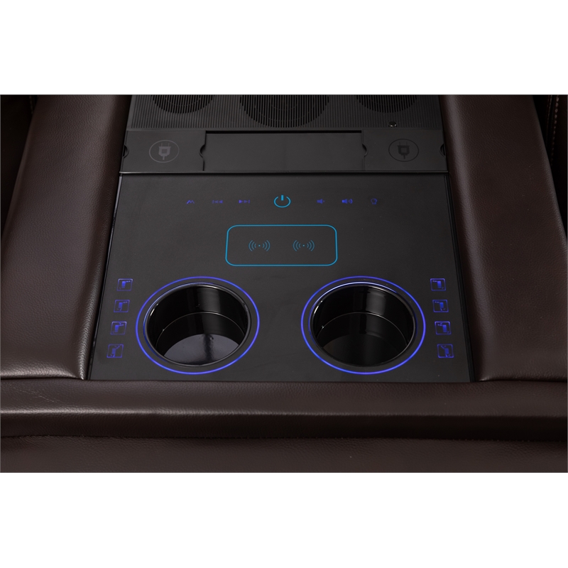 Paleremo Faux Leather Sectional with LED USB Speaker Wireless Charger in Brown