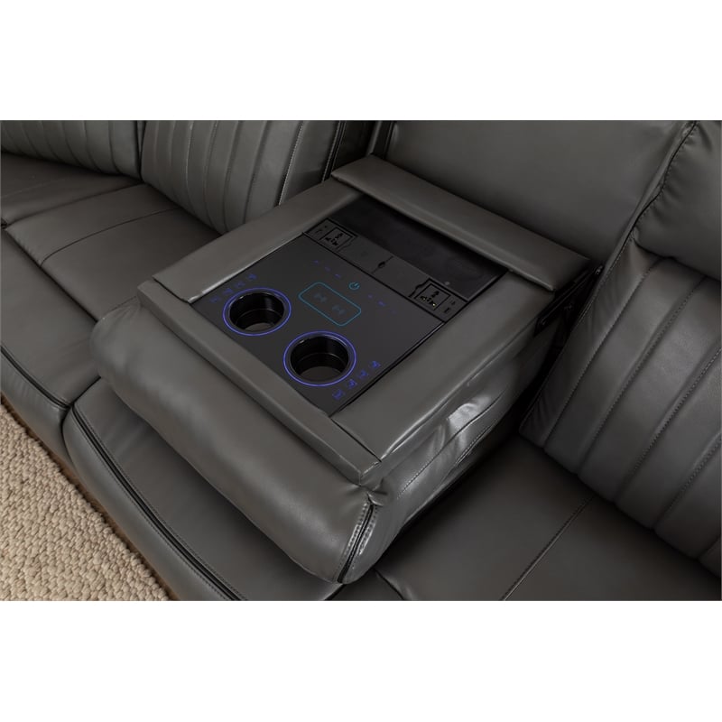 Paleremo Faux Leather Sectional with LED USB Speaker Wireless Charger in Gray