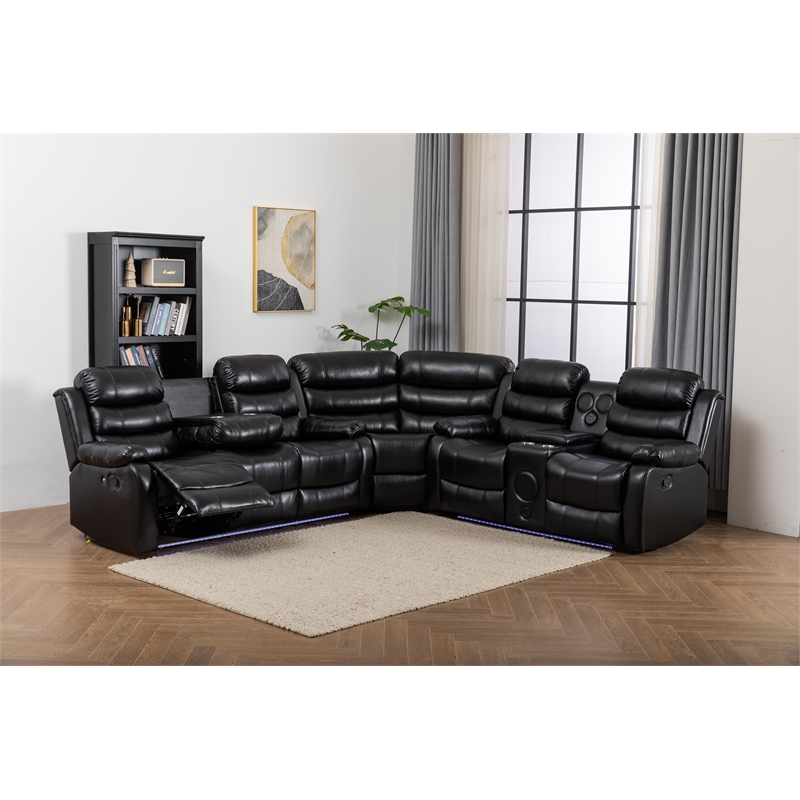 Dexoni LED Faux Leather Reclining Sectional in Black