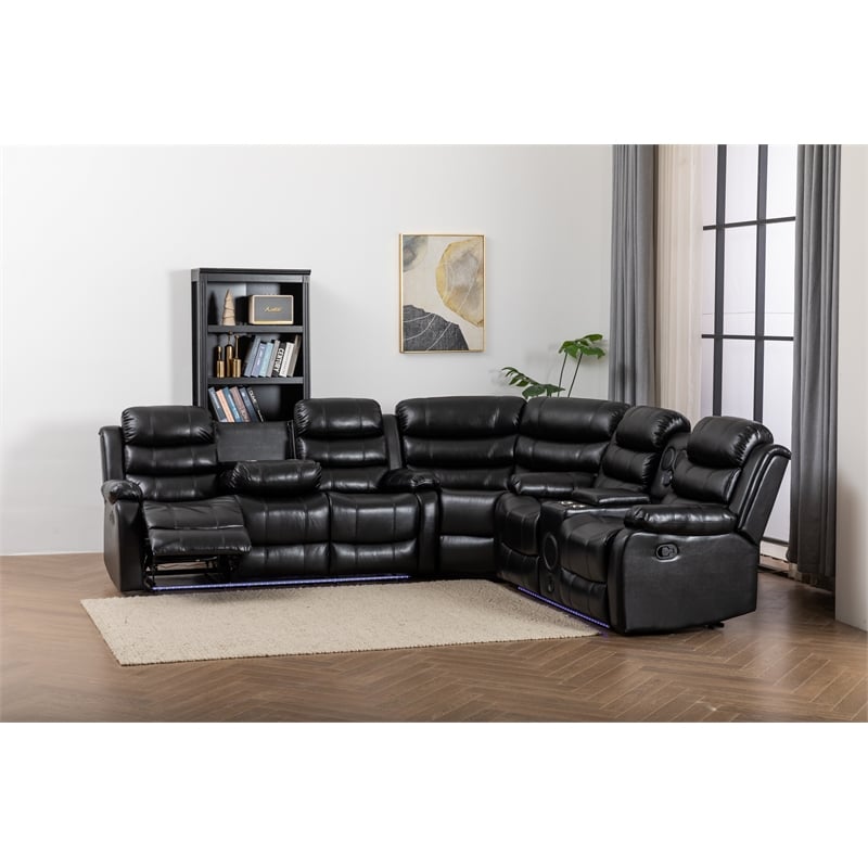 Dexoni LED Faux Leather Reclining Sectional in Black