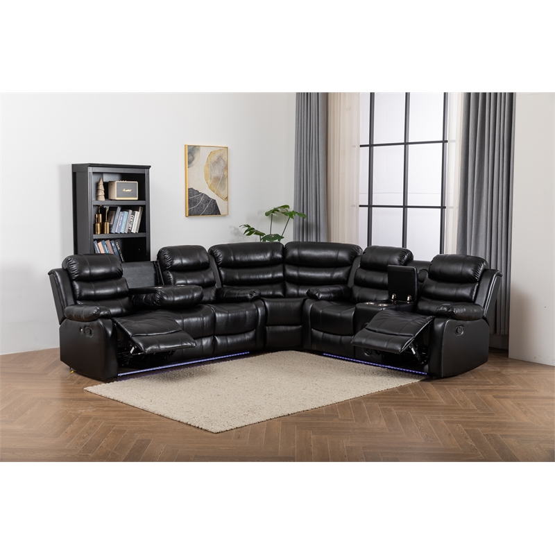 Dexoni LED Faux Leather Reclining Sectional in Black