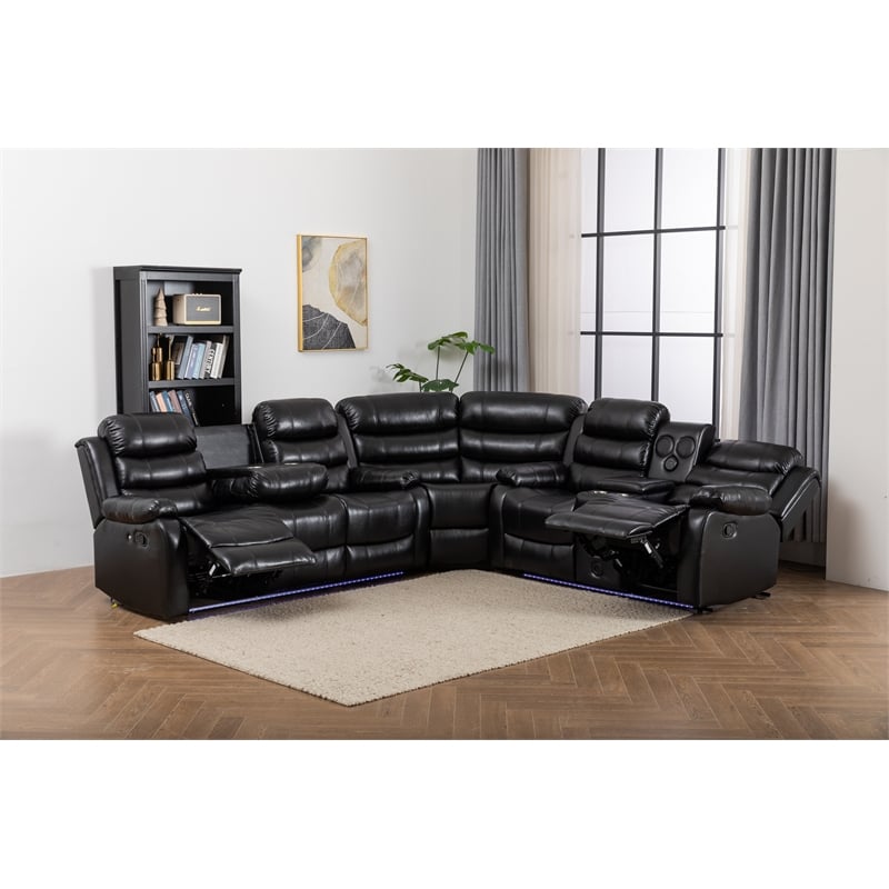 Dexoni LED Faux Leather Reclining Sectional in Black