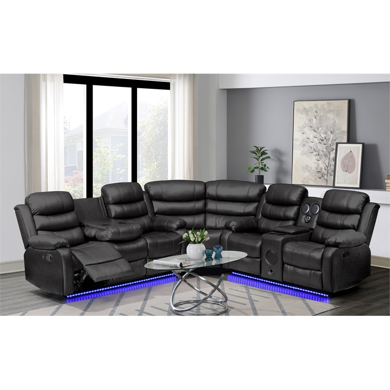 Dexoni LED Faux Leather Reclining Sectional in Black
