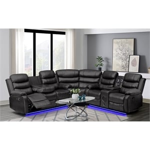 Dexoni LED Faux Leather Reclining Sectional in Black