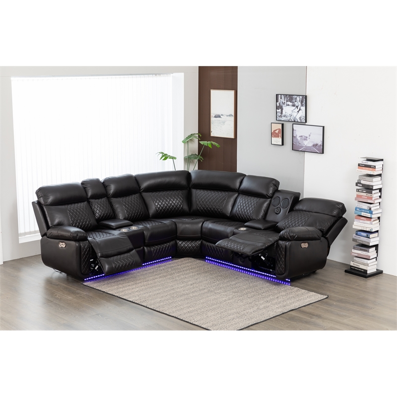 Hathrone Faux Leather Power Reclining Sectional LED USB and SubWoofer In Brown