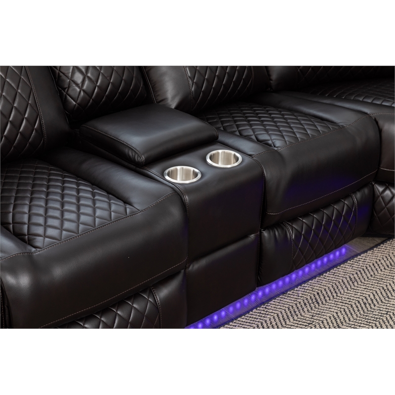 Hathrone Faux Leather Power Reclining Sectional LED USB and SubWoofer In Brown