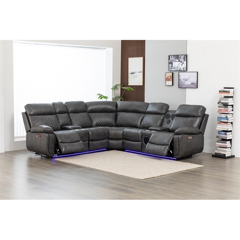 Hathrone Faux Leather Power Reclining Sectional LED USB and SubWoofer In Gray