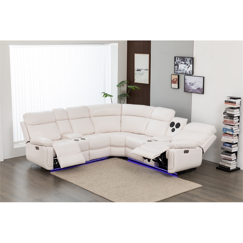 Hathrone Faux Leather Power Reclining Sectional LED USB and SubWoofer In White