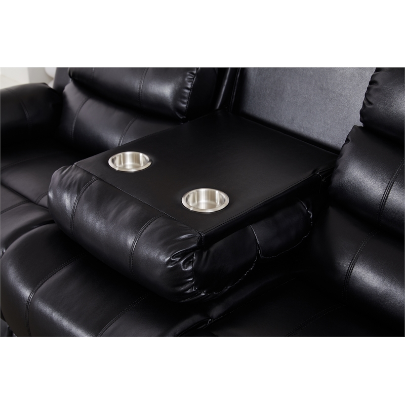 Faux Leather Manual Reclining Sofa with LED Lights With Drop Down Table