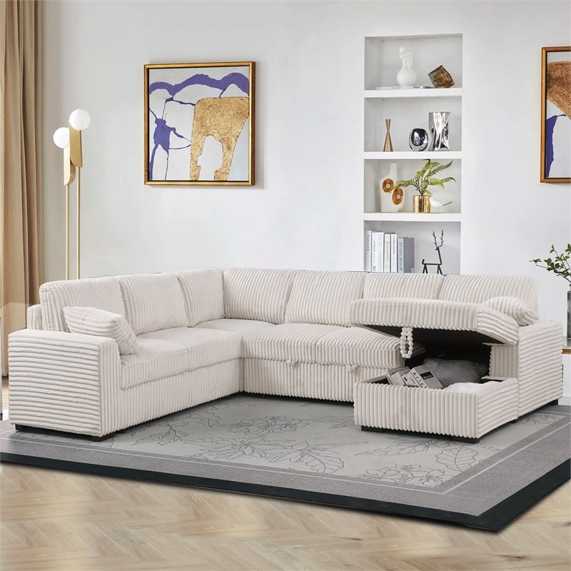 Oversized Upholstered Corduroy Sleeper Sectional Sofa With Storage Chaise