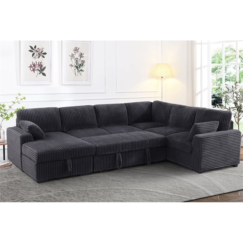 Oversized Upholstered Corduroy Sleeper Sectional Sofa With Storage Chaise